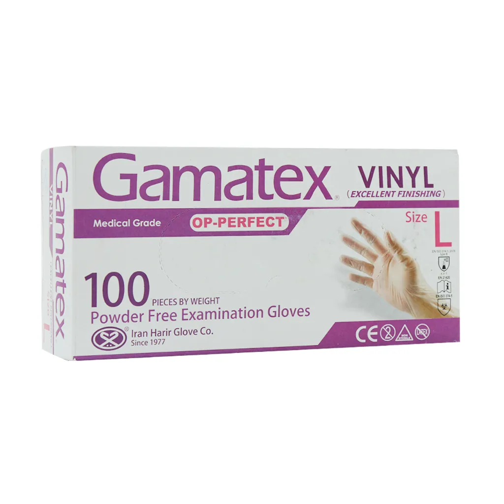 دستکش معاینه وینیل بدون پودر گاماتکس (100*10 عددی) L   *